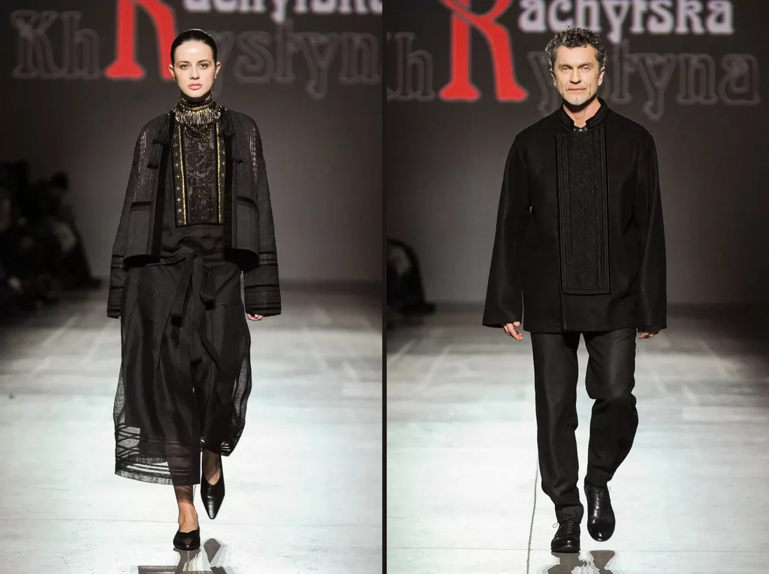 Two black embroidered looks on a runway: a women's and a men's